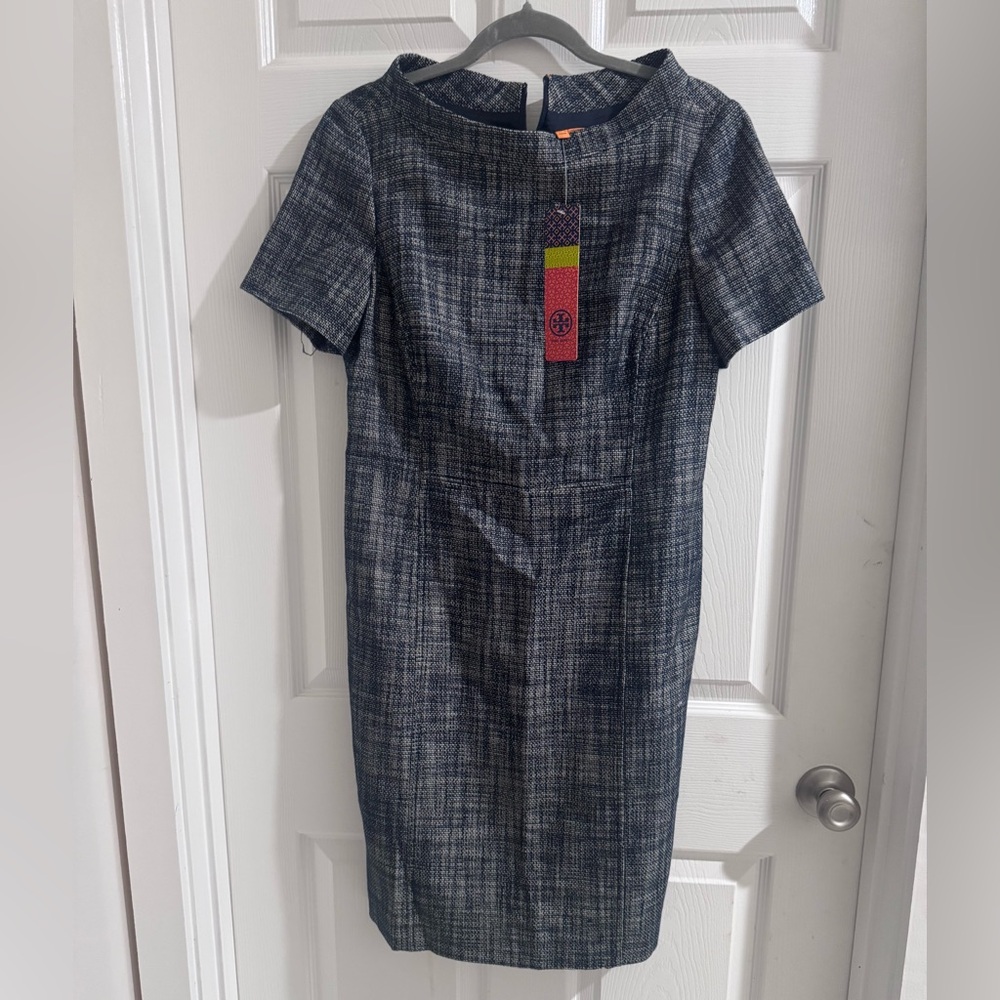 Tory Burch Navy and Gray Plaid Midi Dress